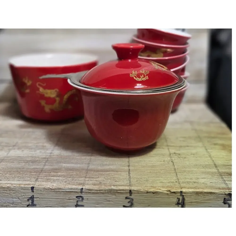 Dehua Porcelain Gongfu Travel Tea Set 12 Pc Red Gold Dragon Cups Case New